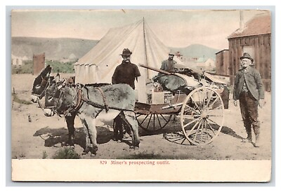 #ad MINERS Prospecting outfit hand colored unposted Wagon w Donkeys miner gold $10.50