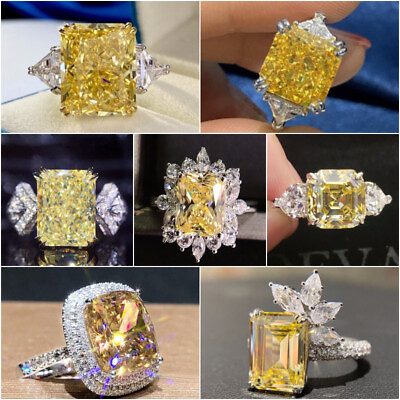 #ad 925 Silver Plated Ring Yellow Cubic Zircon Women Engagement Jewelry Sz 6 10 C $3.93