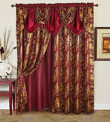 #ad Burgundy Red Gold Beaded 5 pc Window Curtains Set Panels Drapes Valance 84 in L $75.90