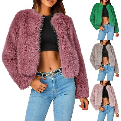 #ad Women#x27;s 2023 Winter Coats Fleece Cropped Jacket Faux Long Sleeve Pockets Shaggy $38.61