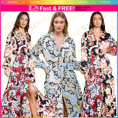 #ad Women#x27;s V Neck Maxi Dress💋Pockets Long Sleeve Floral Printed Front Side Slit $89.99