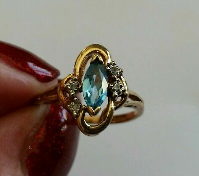 #ad Vintage 10k Yellow Gold Diamond Aquamarine Engagement Wedding Gemstone Ring $599.00