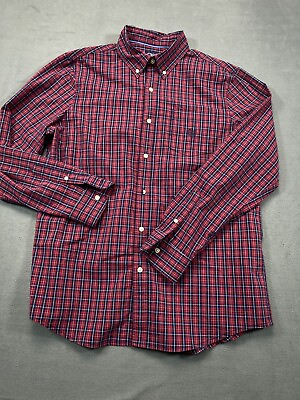 #ad Chaps Stretch Easy Care Shirt Men Large Red Plaid Button Up Long Sleeve Pocket 1 $15.99