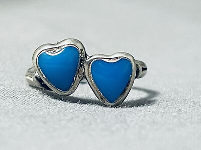 #ad DOUBLE TURQUOISE HEART VINTAGE NAVAJO STERLING SILVER RING $302.39