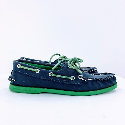 #ad Sperry Mens Canvas Boat Shoe Blue Green Deck Shoe Leather Laces Sz 9 $25.00