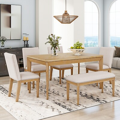 #ad 6 Piece Dining Table Set with Upholstered Dining Chairs W BenchFarmhouse Style $1019.87