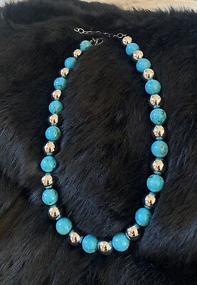 #ad Milor Italian Stainless Large Aqua Bead Necklace color turquoise amp; silver 19” $39.99