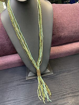 #ad Bohemian Beaded Aqua green gold Glass Tassel Necklace Ling Sweater Length 40” $27.20