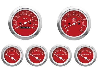#ad MOTOR METER RACING Classic Red 6 Gauge Set Mechanical Speedometer KMH °C BAR $193.04