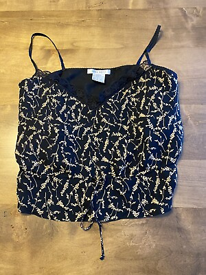 #ad Nine West Womens Camisole Top Silk with Lace Trim Sz 10 Cinch Waist Black $18.00