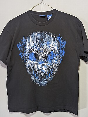 #ad Undead Fairy Fae Demon Metal Drummer Skull Cave Flames Black Graphic T shirt XL $21.00