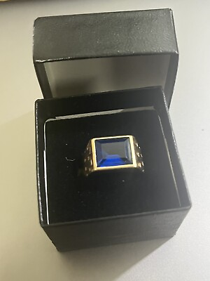 #ad Men’s 10 Karat Yellow Gold Ring Large Lab Created Sapphire Size 9 C $449.99