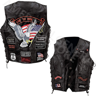 #ad VEST LEATHER Biker Black Buffalo Motorcycle w 14 Patches US Flag Eagle Mens MC $29.99
