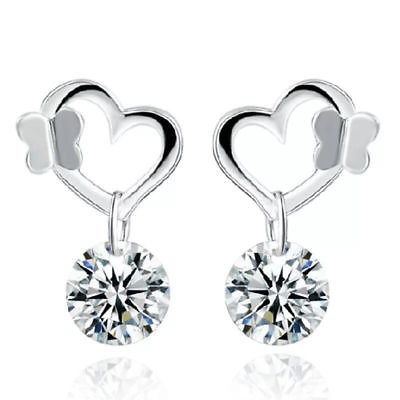 #ad 925 Women Girl Heart Earrings Sterling Silver Crystal Round Studs Butterfly Gift GBP 3.50