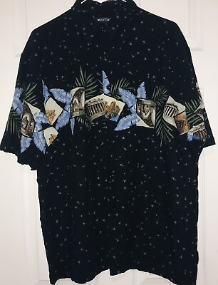 #ad Puritan Mens Hawaiian Shirt Palms Landmarks Black Green Size LT Tall $11.50