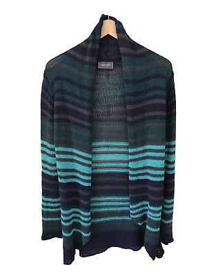 #ad WOODEN SHIPS Womens Sweater Open Cardigan Blue Tan Stripes EUC Sz M L loose knit $39.98