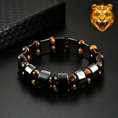 #ad Tiger Eye Double Hematite Bracelet Natural Energy Stone Weight Loss Women Men GBP 2.65