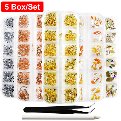#ad 5 Box Set Nail Art Rhinestones Kit Pick up Tweezers for Nail Art Decoration US $4.99