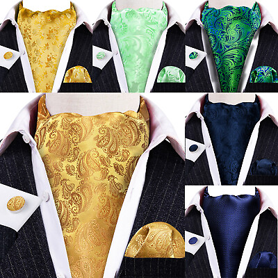 #ad Men#x27;s Silk Ascot Cravat Set Paisley Blue Gold Red Burgundy Wedding $12.99