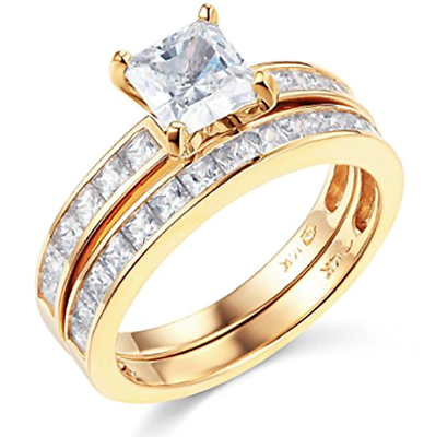 #ad 2.90 Ct Princess Engagement Wedding Ring Set Real 14K Yellow Gold Matching Band $542.88