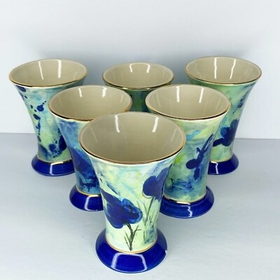 #ad Ceramic Pottery Water Goblets Glasses Blue Aqua Gold Trim Signed E. Mann *read* $18.97