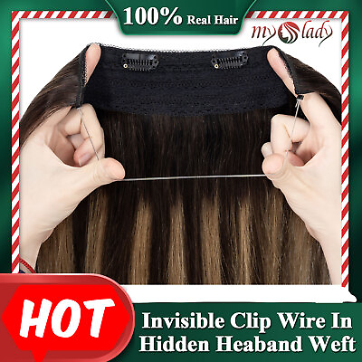 #ad Clip Hidden Wire in Weft One Piece 100% Human Hair Extensions Headband Balayage $105.89