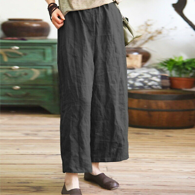 #ad Women Cotton Linen Pants Comfort Flax Loose Cropped Casual Trousers Size new $14.90