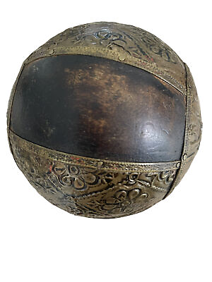 #ad Vintage Decorative Ball Brown Wood Sphere Embossing Brass Metal Inlay $58.89
