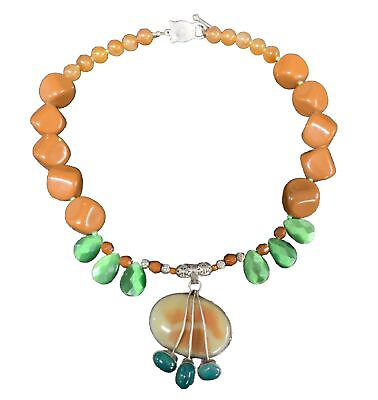 #ad Statement Necklace Cats eye Pendant Beaded 20” Stone Beads Cat Toggle Closure $22.99