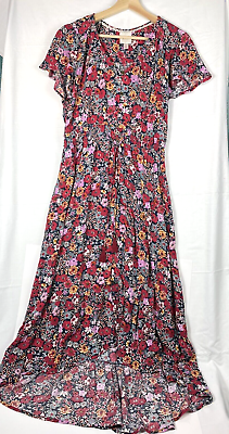 #ad Knox Rose Floral Prairie Dress High Low V neck Hem Ruffle elastic waist Size M $18.00