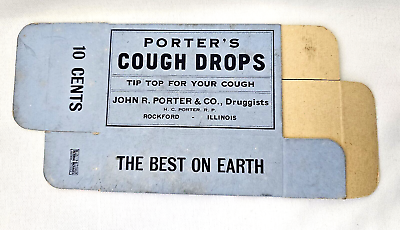 #ad Porters Cough Drops Box John R Porter Druggist Rockford Illinois Antique 10 Cent $7.99