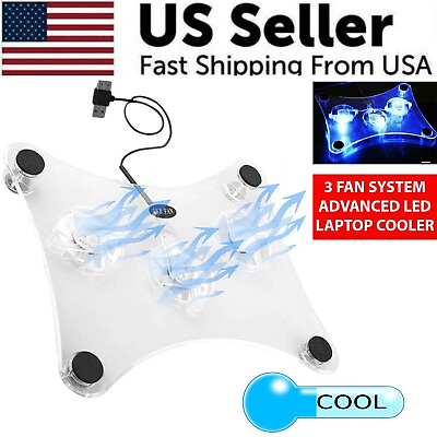 #ad 3 Fans USB Cooler Cooling Pad Stand LED Light Radiator For Laptop PC Notebook $10.39