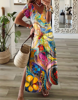 #ad Large Koi Dragonfly Peacock Women#x27;s Size L Side Slits Maxi Dress $29.99