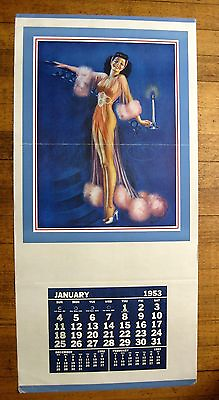 #ad Large January 1953 Pinup Girl Calendar by Devorss Brunette in Pink Nighty M75 $108.00