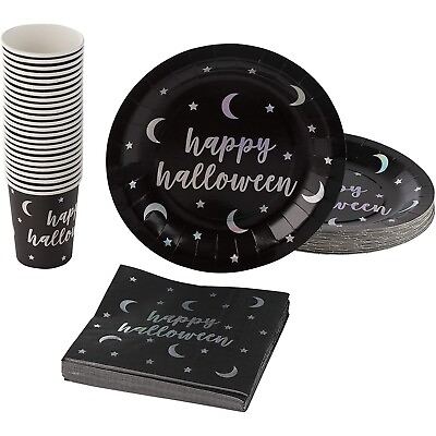 #ad 72 Piece Halloween Party Decor Pack with Plates Napkins Cups Serves 24 Black $19.89