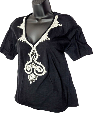 #ad By Chico’s Blouse Women#x27;s Small Black Short Sleeve Deep V Embroidered Shirt Top $9.88