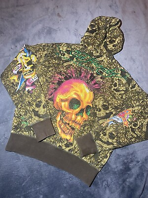 #ad Ed Hardy by Christian Audigier Skull AOP Graphic Zip Up Hoodie Sz. Small $250.00
