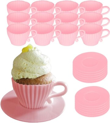 #ad Evelots Teacup Silicone Cupcake Liners 24 Pc Set Oven Safe Baking Set $9.59