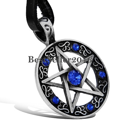 #ad Vintage Womens Pentagram Pentacle Star Biker Blue Rhinestone Pendant Necklace $8.99