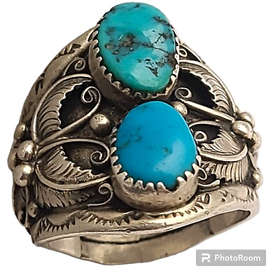#ad Navajo Sleeping Beauty Turquoise Sterling Silver Floral Leaf Design Ring Sz14 $245.00