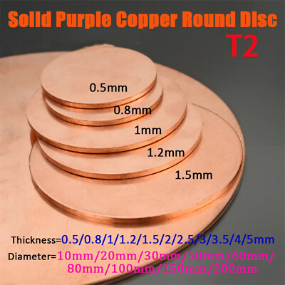 #ad T2 Purple Copper Round Sheet Solid Plate Gasket Thick 0.5mm 5mm Dia 10mm 200mm $3.95