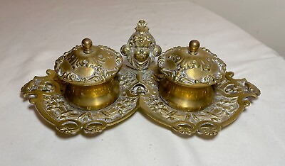 #ad antique ornate 1800#x27;s Victorian cherub gilt bronze brass desk inkwell stand tray $229.99