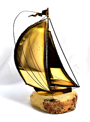 #ad DEMOTT Brass Sailboat Ship Metal Sculpture Artist Signed Onyx Base Vintage MCM $20.69