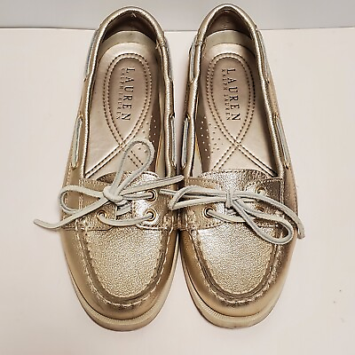 #ad Lauren Ralph Lauren 7B Gold Leather Boat Shoes Loafers YARINA $18.87