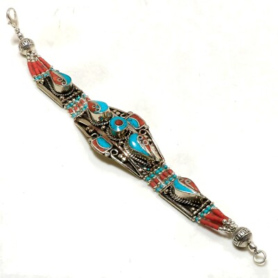 #ad Red Coral Tibetan Turquoise Handmade Gift Jewelry Nepali Bracelet 7 8quot; NBB 3018 $14.81
