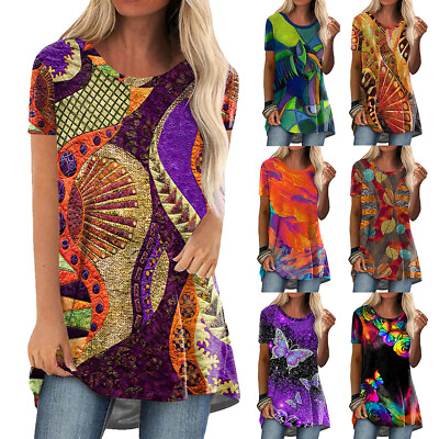 #ad Women Boho Floral T Shirt Ladies Short Sleeve Casual Loose Tunic Tops Blouse Tee $17.89