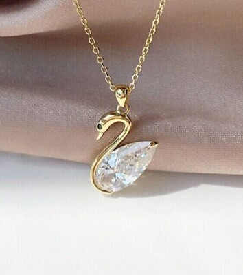 #ad Women#x27;s Swan Beauty Pendant Pear Cut Simulated Diamond In 14K Yellow Gold Plated $140.99