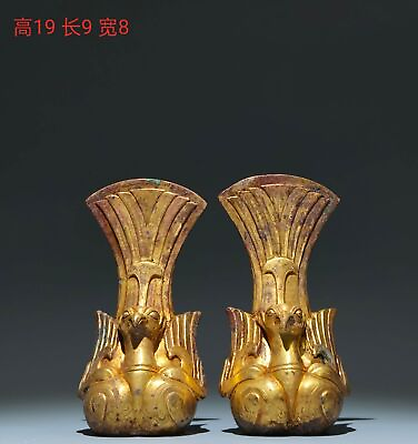 #ad 7.5quot; Antique Handmade tang Dynasty bronze 24k gilt pair Vermilion Bird statue $2285.00