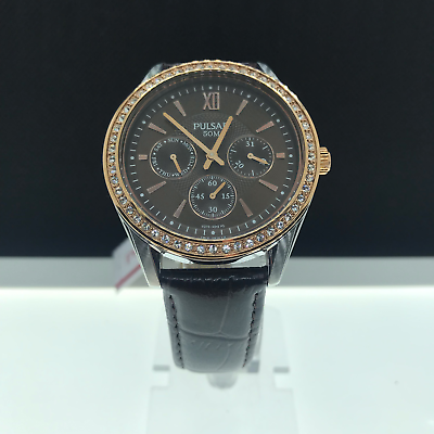 #ad Pulsar Pp6008 Women#x27;s Dress Crystals bezel Brown Dial Day amp; Date Leather Strap $80.60