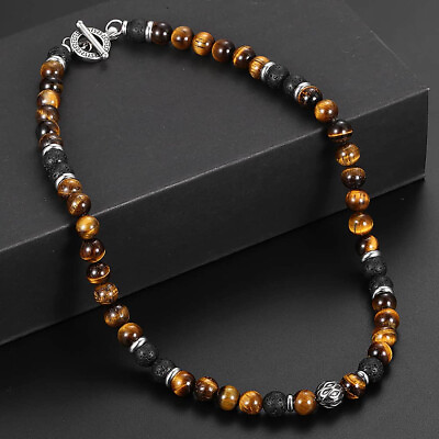 #ad Men#x27;s 8mm Natural Tiger Eye Lava Bead Necklace Stainless Steel Toggle 18 20 24quot; $9.36